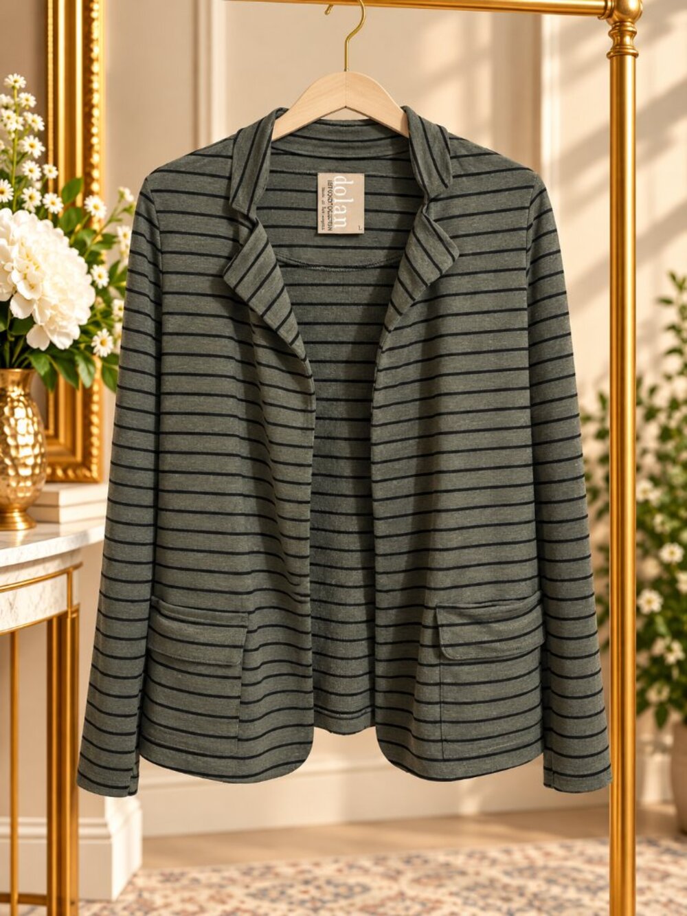 Dolan Left Coast Collection Gray Black Striped Open Front Blazer Size L